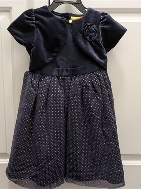 5/$35 Penelope Mack Girls Navy Velvet & Gold Polka Dot Dress – Size 4